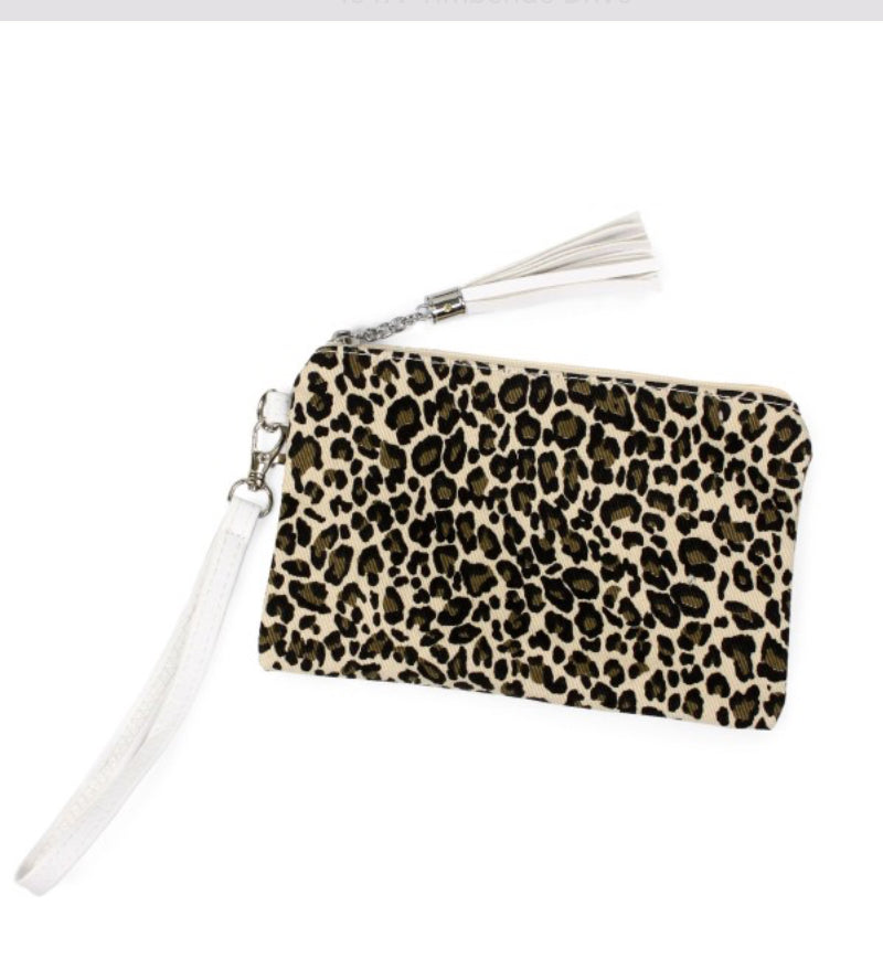 Animal Print Canvas Wristlet With Tassel Zip Closure