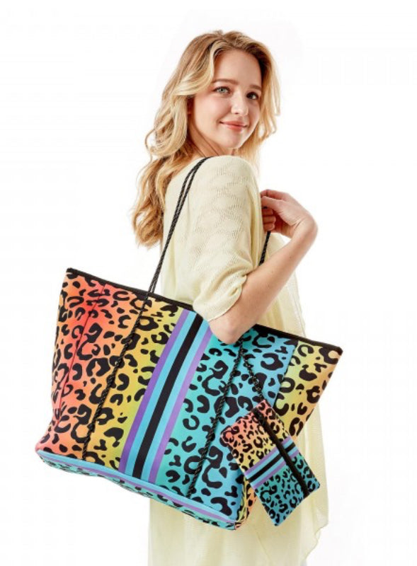 Colorful Animal Print Neoprene Tote with Matching Pouch