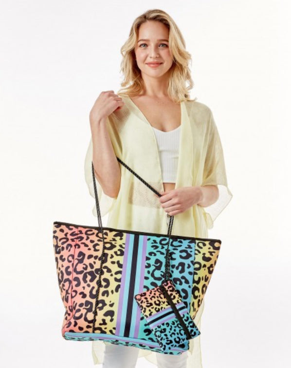 Colorful Animal Print Neoprene Tote with Matching Pouch